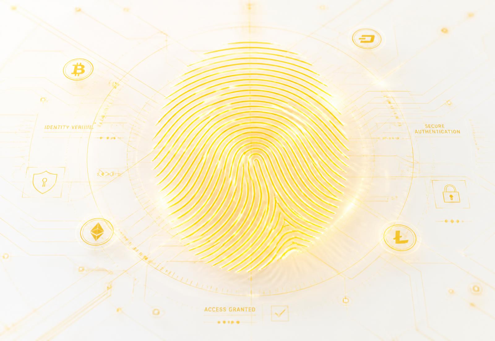 Glowing yellow fingerprint surrounded by crypto exchange security circuitry